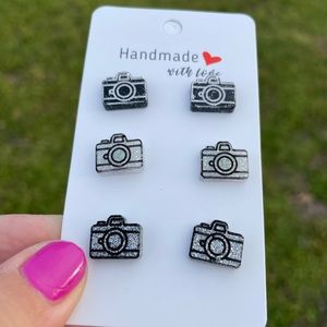 Handmade glitter resin vintage camera stud earrings